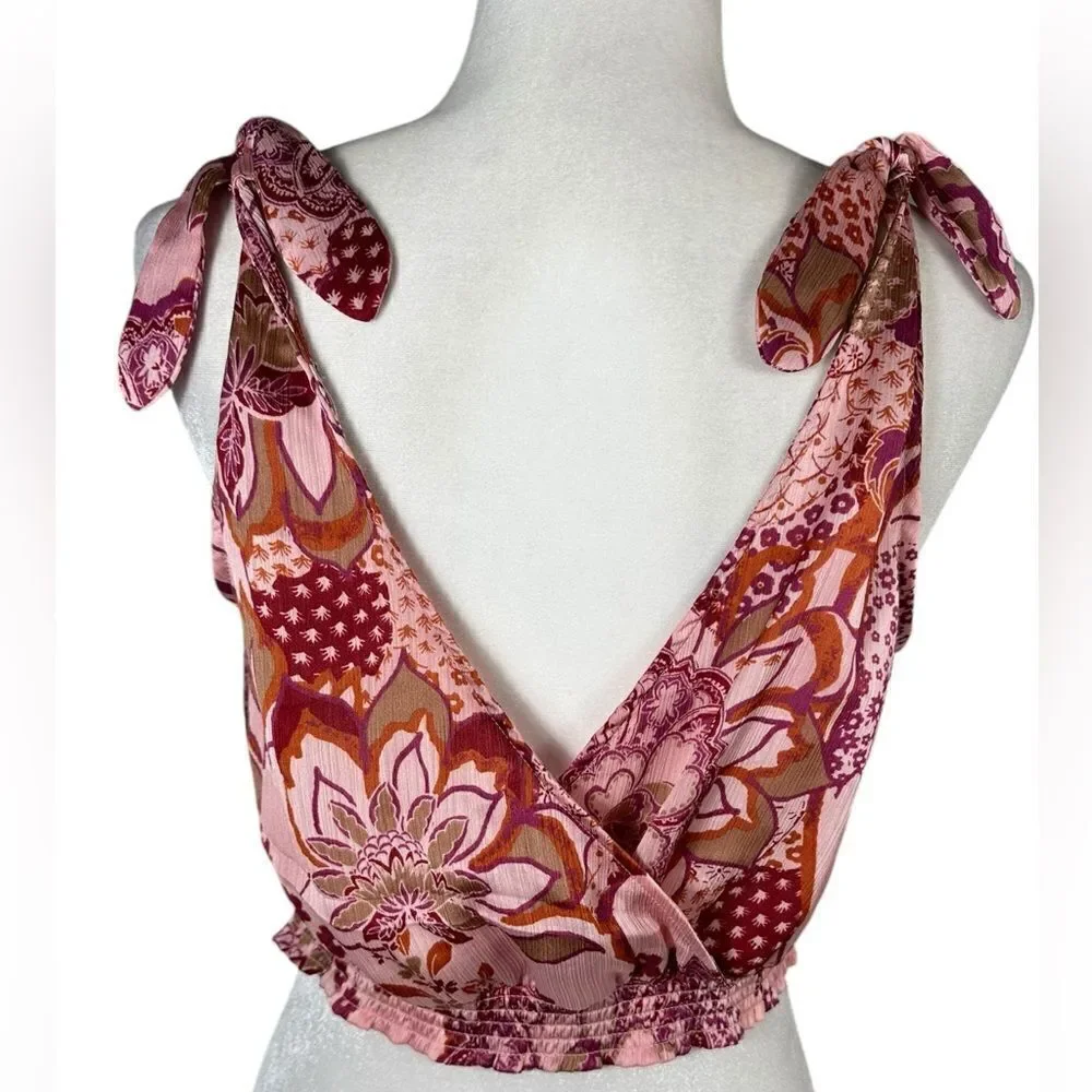Free People Weekend In Montauk Pink Floral Print Cropped Tank Top